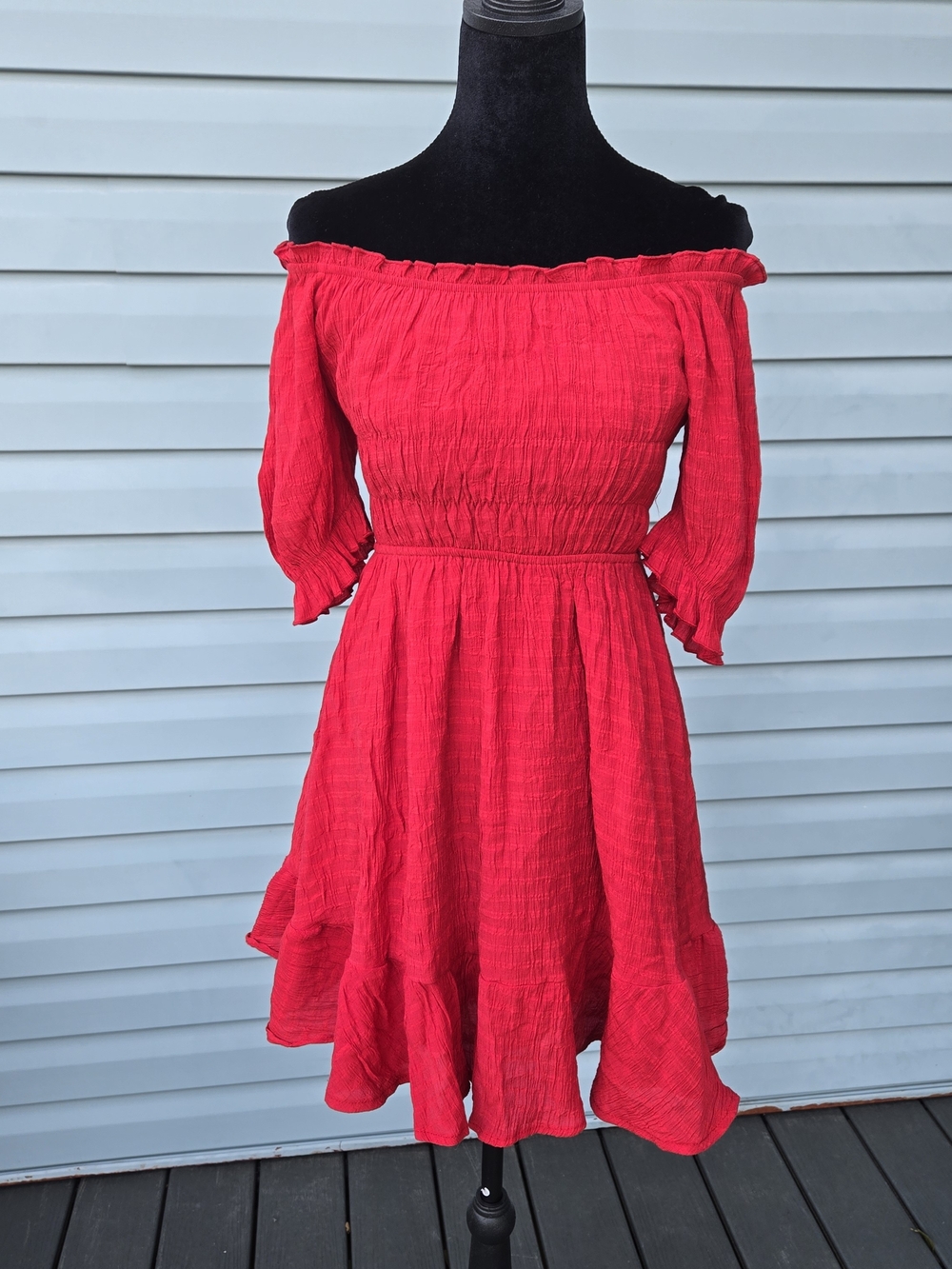 Red Off Shoulder Mini Dress S Smocked Bodice Ruffle Hem Puff Sleeve Cottagecore